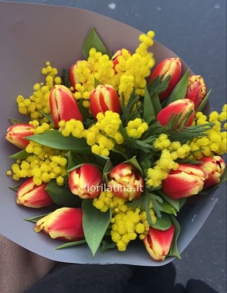 Bouquet di tulipani colorati e mimosa | Festa della Donna